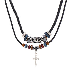black Vintage Multi-layer Alloy Cross Leather Necklace - Creative Beaded Accessories