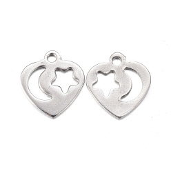 Stainless Steel Color 201 Stainless Steel Charms, Laser Cut, Heart with Hollow Star and Moon, Stainless Steel Color, 12x11x0.8mm, Hole: 1.4mm