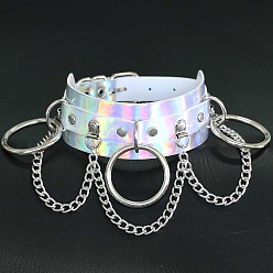 White and Colored Radiant Laser Leather Collar Necklace with O-Ring Chain for Nightclub Street Style