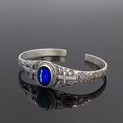 blue Adjustable C-shaped bracelet with cross pattern and blue stone - Unisex, Engraved Design.