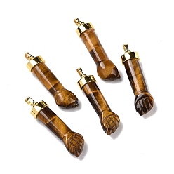 Тигровый глаз Природных тигровый глаз подвески, с фурнитурой латунной золотого тона, форма кулака, 45x12x10 мм, отверстие : 4.5x7.5 мм