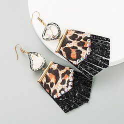 white Leopard Print Leather Earrings with Diamond Embellishments - Exaggerated Ear Decor.