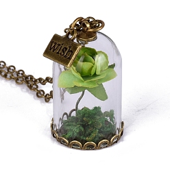 Yellow Green Glass Dried Flower Wishing Bottle Pendant Necklace, with Antique Bronze Alloy Cable Chains, Yellow Green, 23.62 inch(60cm)