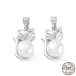 Matte Platinum Color Rhodium Plated 925 Sterling Silver Pendants, with Natural Pearl Beads, Fox Charms, with S925 Stamp, Matte Platinum Color, 18.5x11x7.5mm, Hole: 3.4x4.5mm