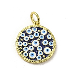 Midnight Blue Brass Enamel Pendants, with Jump Ring, Real 18K Gold Plated, Flat Round with Evil Eye Charm, Midnight Blue, 18.5x17x2.3mm, Hole: 3.6mm