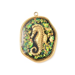 Черный 304 подвески из нержавеющей стали, эпоксидной смолы, с натуральными ракушками и пайетками внутри, овал с подвесками в виде морского конька, реальный 18 k позолоченный, вакуумное покрытие pvd, чёрные, 28x20x3.5 мм, отверстие : 1.6 мм