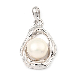 Real Platinum Plated Rhodium Plated 925 Sterling Silver Pendants, with Natural Pearl Beads, Twist Teardrop Charms, with S925 Stamp, Real Platinum Plated, 20.5x14.5x7mm, Hole: 5x2.5mm