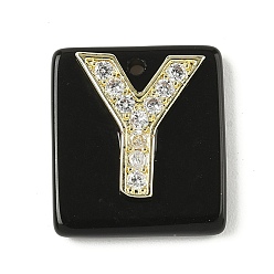 Letter Y Природные подвески обсидиана, прямоугольные подвески с латунной микропаве прозрачной кубической циркониевой буквой, реальный 18 k позолоченный, долговечный, стойки покрытие, Письмо Y, 21x18x5 мм, отверстие : 1.4 мм
