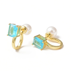Cyan Glass Rectangle Hoop Earrings with ABS Pearl Beaded, Golden Brass Jewelry for Women, Cyan, 25.3x17.5x10mm, Pin: 1mm
