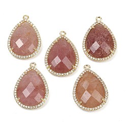 Клубничный Кварц Граненые подвески из натурального клубничного кварца, стойка покрытие латунь микропаве прозрачный кубический цирконий каплевидные подвески, золотые, 26.5x19.5x7 мм, отверстие : 1.6 мм