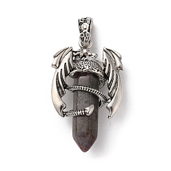 Indian Agate Natural Indian Agate Pointed Pendants, Faceted Bullet Charms, with Rack Plating Platinum Tone Alloy Dragon Findings, Cadmium Free & Lead Free, 39~41x24~25x13~14mm, Hole: 4x8mm