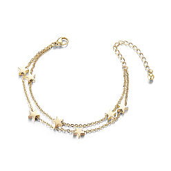 Golden SHEGRACE Trendy Titanium Steel Anklet, Double Layered Anklet, with Stars, Golden, 200mm