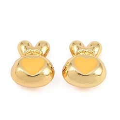 Yellow Brass Enamel Beads, Rabbit with Heart, Rack Plating, Long-Lasting Plated, Lead Free & Cadmium Free, Real 18K Gold Plated, Yellow, 15x13x8mm, Hole: 2.5mm