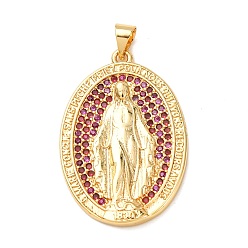 Pink Латунные микро проложить кубического циркония подвески, стойки покрытие, долговечный, без свинца и без кадмия, овальные с рисунками " virgin mary", реальный 18 k позолоченный, розовые, 32.5x22x3 мм, отверстие : 5x4 мм