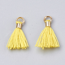 Gelb Quastenanhänger aus Polycotton (Polyester-Baumwolle), Mini-Quaste, mit Messingverschlüssen & Eisenringen, Licht Gold, Gelb, 10~15x3~4 mm, Bohrung: 2 mm