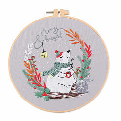 Bear DIY Christmas Theme Embroidery Kits, Including Printed Cotton Fabric, Embroidery Thread & Needles, Plastic Embroidery Hoop, Bear, 200x200mm