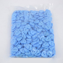 Cornflower Blue Lovely Heart Shaped Buttons, ABS Plastic Button, Cornflower Blue, about 14mm in diameter, hole: 1.5mm, about 400pcs/bag