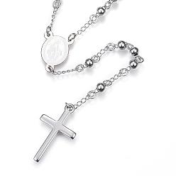Stainless Steel Color 304 Stainless Steel Rosary Bead Necklaces, with Cross Pendant and Lobster Claw Clasps, Stainless Steel Color, 25.6 inch(65cm)