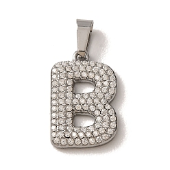 Letter B 304 Stainless Steel Micro Pave Clear Cubic Zirconia Pendants, Letter Charms, Stainless Steel Color, Letter B, 18x11.5x2.5mm, Hole: 6x2.5mm