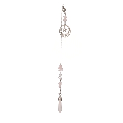 Rose Quartz Natural Rose Quartz Pointed Dowsing Pendulums, with Stainless Steel Star & Moon, Bullet, 274mm