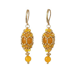Malaysia Jade Natural Malaysia Jade Leveback Earrings for Women, Oval, with Glass Seed, 304 Stainless Steel Leverback Earrings for Women, Real 18K Gold Plated, 54x13.5mm