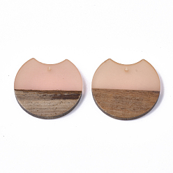 Pink Resin & Walnut Wood Pendants, Gap Flat Round, Pink, 23x24.5x3.5mm, Hole: 2mm