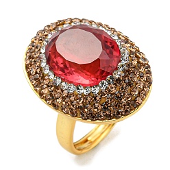 Golden Red Glass Oval Adjustable Ring with Rhinestone, Brass Ring for Women, Golden, US Size 8 1/4(18.3mm)