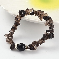 Smoky Quartz Chips Natural Smoky Quartz Beaded Stretch Bracelets, with Brass Rhinestone Findings, Silver Color Plated, 59mm