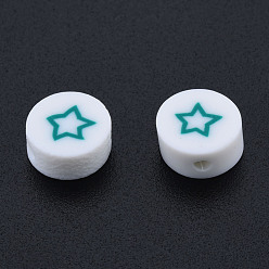 Teal Handmade Polymer Clay Beads, Flat Round with Star, Teal, 9~9.5x4~5mm, Hole: 1.6mm