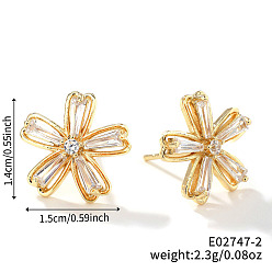 Золотой Шикарные минималистичные серьги-гвоздики с цветком из латуни и прозрачным кубическим цирконием, , , нежный, европейский и американский стиль, золотые, 14x15 мм