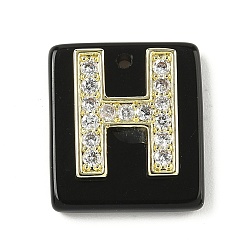 Letter H Природные подвески обсидиана, прямоугольные подвески с латунной микропаве прозрачной кубической циркониевой буквой, реальный 18 k позолоченный, долговечный, стойки покрытие, Письмо ч, 21x18x5 мм, отверстие : 1.4 мм