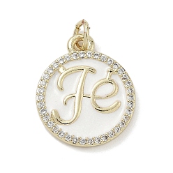 Белый Латунные микро проложить кубического циркония подвески, плоский круглый со словом fe, с эмалью, стойки покрытие, долговечный, без свинца и без кадмия, реальный 18 k позолоченный, с целью перехода в кольце, белые, 19x16x2.5 мм, отверстие : 3.2 мм