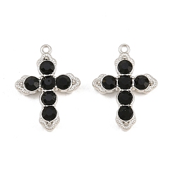 Platinum Alloy with Jet Rhinestone Pendants, Cross Charms, Rack Plating, Platinum, 20x14.5x4mm, Hole: 1mm
