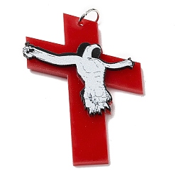 Red Opaque Acrylic Pendants, with Platinum Iron Jump Ring, Cross Charms, Red, 44x31.5x4mm, Hole: 5mm