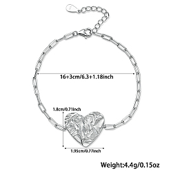 Platinum Rhodium Plated 925 Sterling Silver Cable Chains Bracelets, Heart Link Bracelets for Women, Platinum, 6-1/4 inch(16cm)