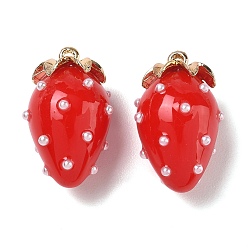 Roja Colgantes de la resina, encanto de fresa, con la aleación, dorado, rojo, 29x17.5x16 mm, agujero: 1.5 mm