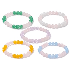 Mixed Color 5Pcs 5 Colors Dyed Natural Malaysia Jade Round Beaded Stretch Bracelets Set, Stackable Bracelets, Mixed Color, Inner Diameter: 2-1/8 inch(5.4cm), 1Pc/color