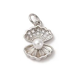 Platinum Brass Micro Pave Cubic Zirconia Pendants, Shell Shapes, with ABS Imitation Pearl Beads, Rack Plating, Long-Lasting Plated, Cadmium Free & Lead Free, with Jump Ring, Platinum, 16x11x5mm, Hole: 3mm