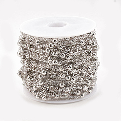 Real Platinum Plated Brass Cable Chains, Satellite Chains, with Round Beads, Soldered, with Spool, Flat Oval, Real Platinum Plated, 2x1.5x0.2mm, about 32.8 Feet(10m)/roll