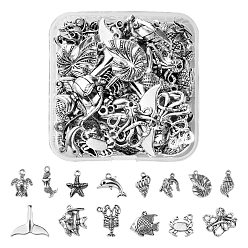 Antique Silver 60Pcs 14 Style Tibetan Style Alloy Pendants, Starfish & Spiral Shell & Sea Turtle & Crab & Crocodile & Tropical Fish & Mermaid & Conch Shell & Octopus & Whelk & Whale Tail Shaped & Dolphin & Lobster, Antique Silver, 60pcs/box