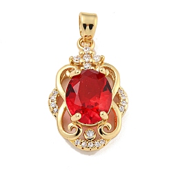 Red Brass Micro Pave Clear Cubic Zirconia Pendants, with Glass, Flower, Red, 22x14x7mm, Hole: 4x2.5mm