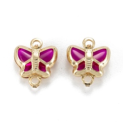 Фуксиновый Соединители звеньев латуни стеклянные, долговечный, бабочка, реальный 18 k позолоченный, красно-фиолетовые, 10x9x4 мм, отверстие : 0.9~1.2 мм