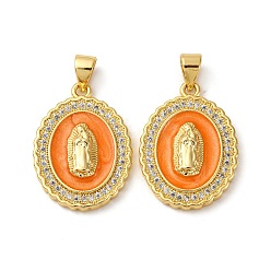 Оранжевый Латунные микро проложить кубического циркония подвески, овальные с рисунками " virgin mary", с эмалью, без кадмия и без свинца, реальный 18 k позолоченный, стойки покрытие, долговечный, оранжевые, 23x17x4 мм, отверстие : 3.5x4.5 мм
