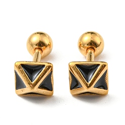 Golden Ion Plating(IP) 304 Stainless Steel Stud Earrings, with Black Enamel, Square, Golden, 5.5x5.5mm