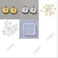 Cross 28Pcs 304 Stainless Steel Pendants, Flat Round Charms, with Jump Rings, Cross, 16x13.5x2.7mm, Hole: 1.2mm, 2 colors, 14pcs/color, 28pcs