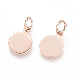 Rose Gold Ion Plating(IP) 304 Stainless Steel Charms, Stamping Blank Tag, with Jump Rings, Flat Round, Rose Gold, 10.5x8x0.8mm, Hole: 3.5mm