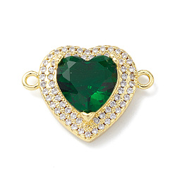 Dark Green Rack Plating Brass Pave Cubic Zirconia Connector Charms, Heart Links, Lead Free & Cadmium Free, Long-Lasting Plated, Real 18K Gold Plated, Dark Green, 16x22x7mm, Hole: 1.6mm