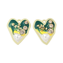 Green Rack Plating Alloy Enamel Pendants, with Resin, ABS Imitation Pearl Beads, Rhinestone and Glass Beads, Cadmium Free & Nickel Free & Lead Free, Heart, Green, 40x34.5x7mm, Hole: 3x3mm