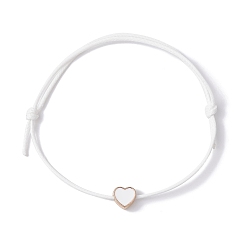 White Alloy Enamel Heart Braided Bead Bracelet, Waxed Polyester Cords Adjustable Bracelet, White, Inner Diameter: 3-1/2 inch(9cm)