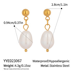 Белый Серьги-гвоздики с подвесками из нержавеющей стали в виде риса, с пресноводным жемчугом, золотые, белые, 28x9.40 мм